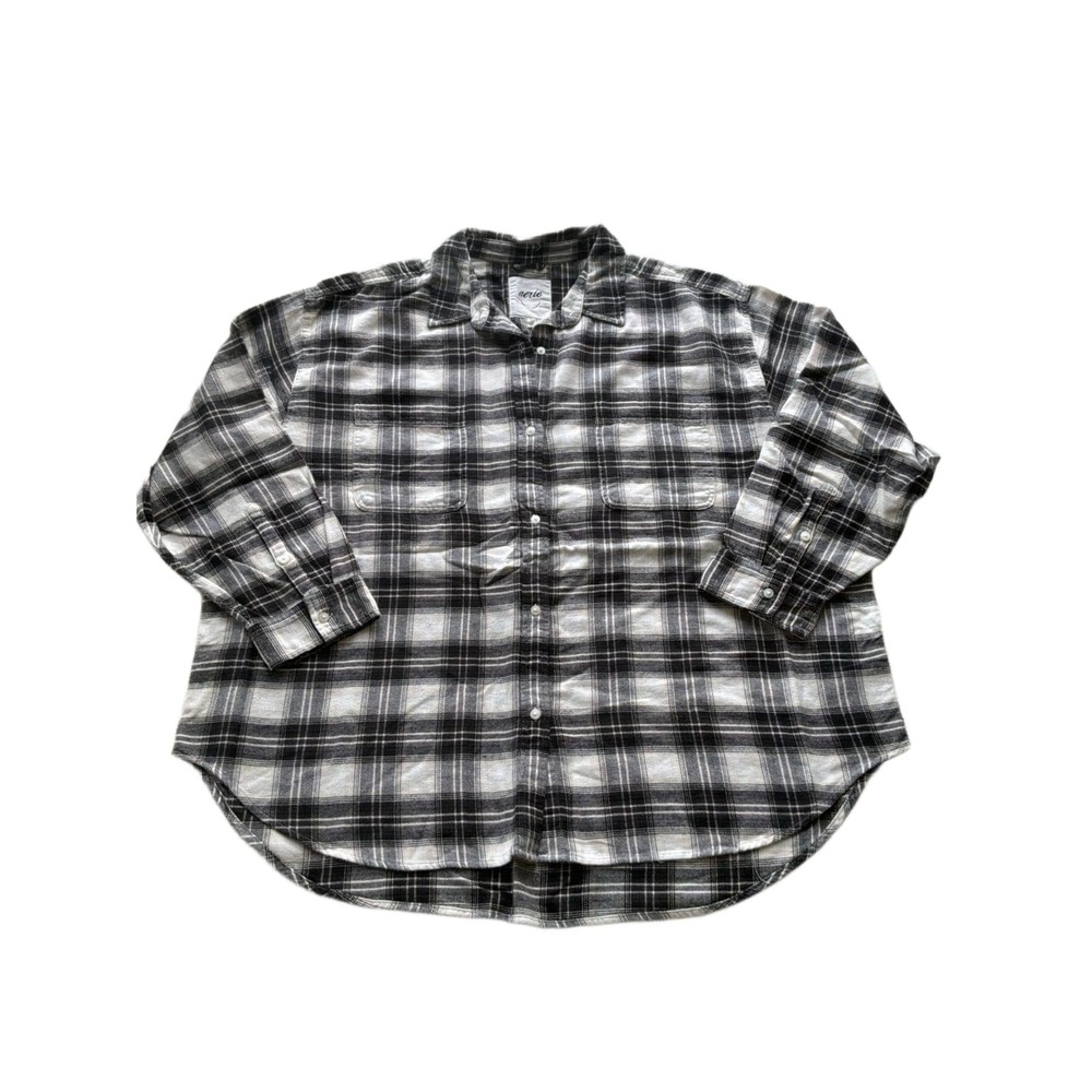Aerie Flannel Shirt Womens Oversized Black White Plaid Button Up Cotton Boyfrien